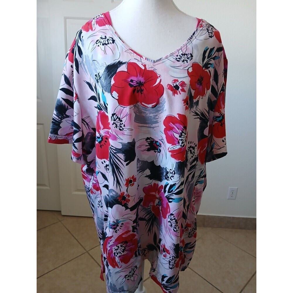 Elle Womens Blouse Tunic Size 3XL Pink Floral V-neck‎ Short Sleeve Pockets